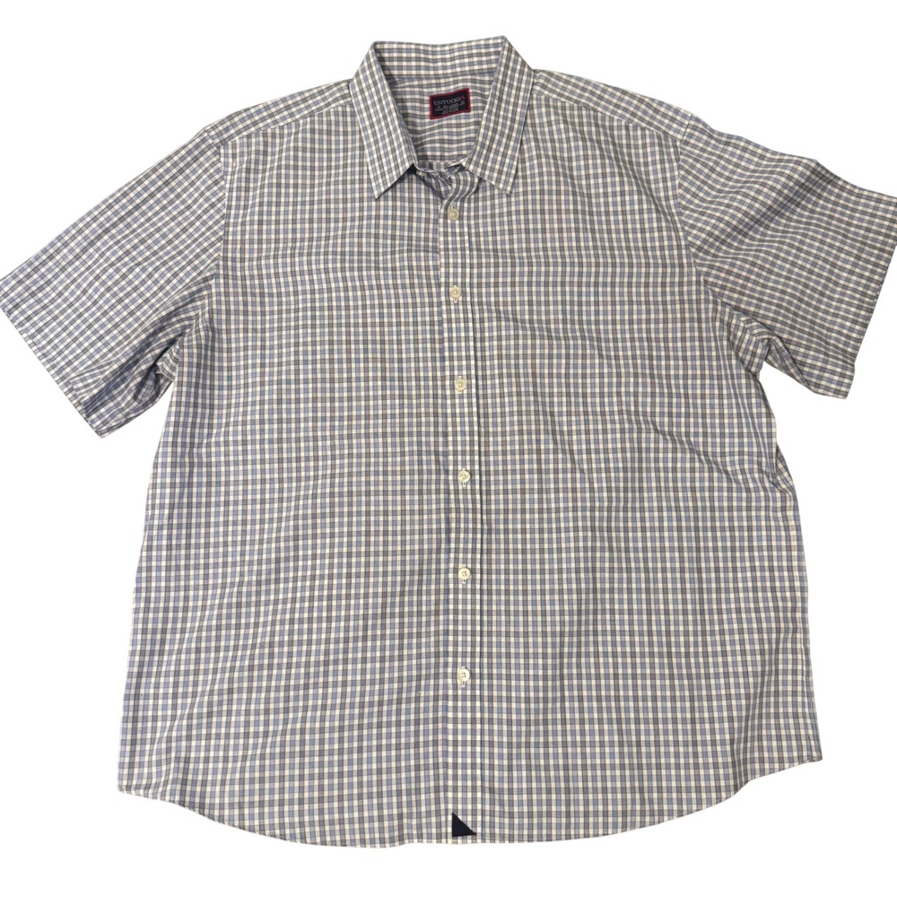 UNTUCKit Mens XXL Blue White Check Wrinkle Free Cotton Short Sleeve Button Down